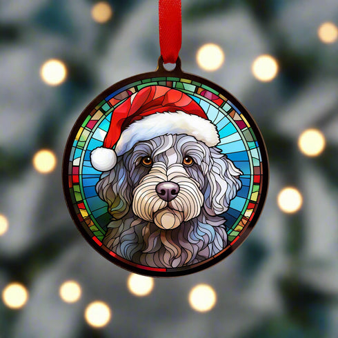 Labradoodle Grey in Santa Hat Suncatcher Decoration